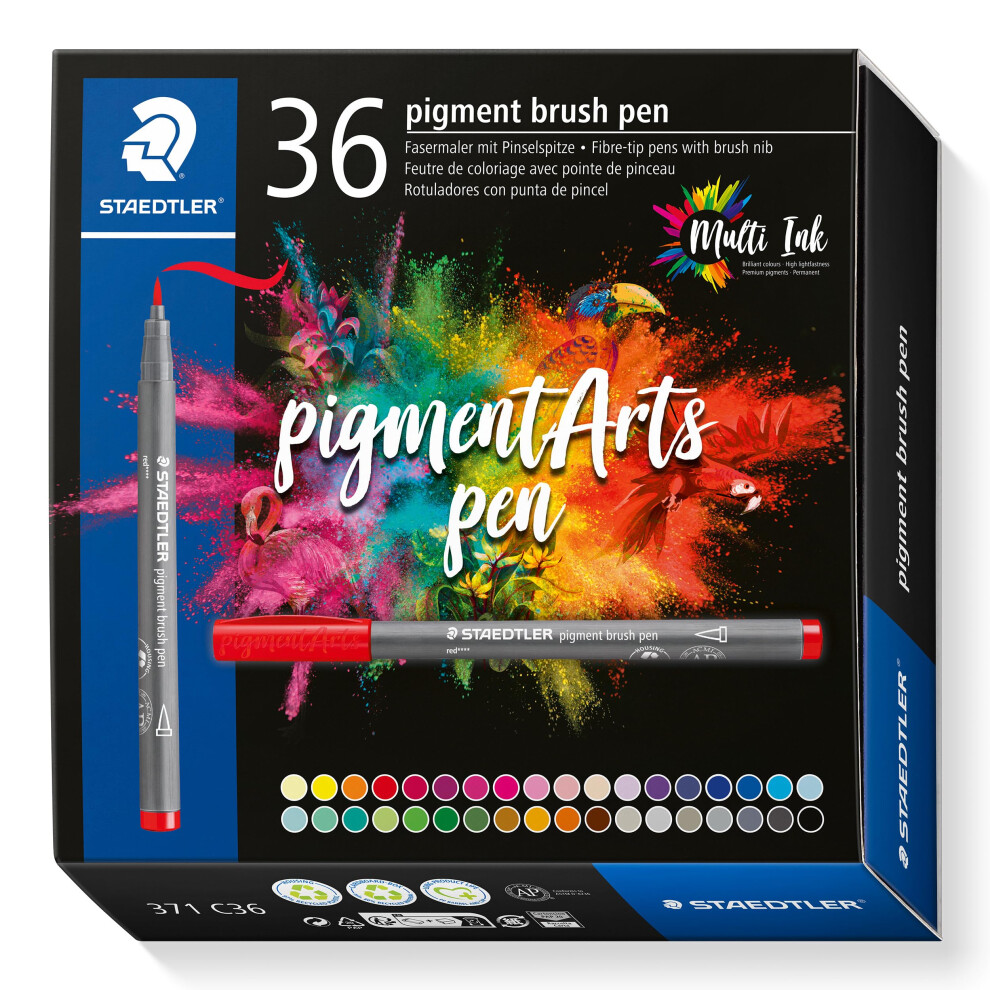 Staedtler 371 C36 Pigment Arts Brush Pen - Assorted Basic Colours (Pack Of 36)