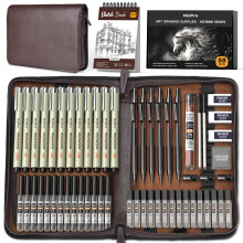 Nicpro 58PCS Art Drawing Supplies Kit in Leather Case, MP1000 Black Metal Mechanical Pencil Set with Drafting Pencil 0.5, 0.7, 0.9 & 2mm, 12 Micron