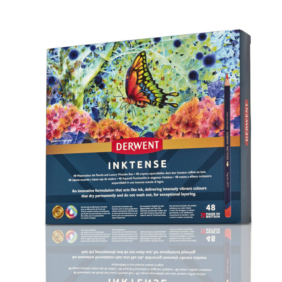 Derwent Inktense Permanent Watercolour Pencils, Set of 48 in a Wooden Gift Box, 4mm Premium Core, Water-Soluble, Ideal for Colouring, Painting and