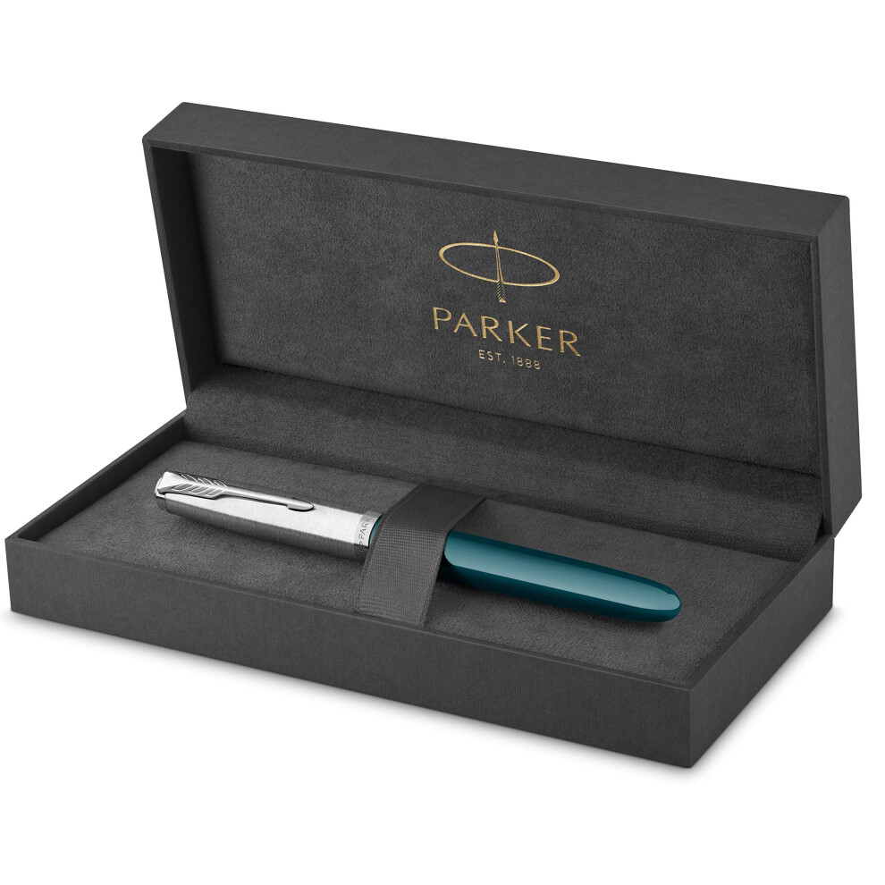 Parker 51 Fountain Pen | Teal Barrel With Chrome Trim | Fine Nib With Ink Cartridge | Gift Box Blue/Black