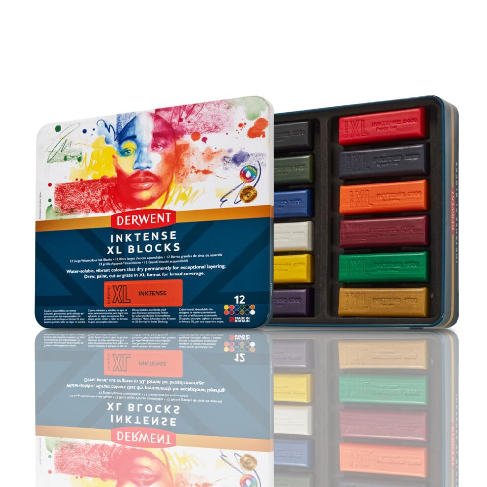 Derwent Inktense Xl Blocks 12 Tin, Set Of 12, 60Mm Extra-Large Block, Water-Soluble, Ideal For Sketching, Drawing And Expressive Mark Making,