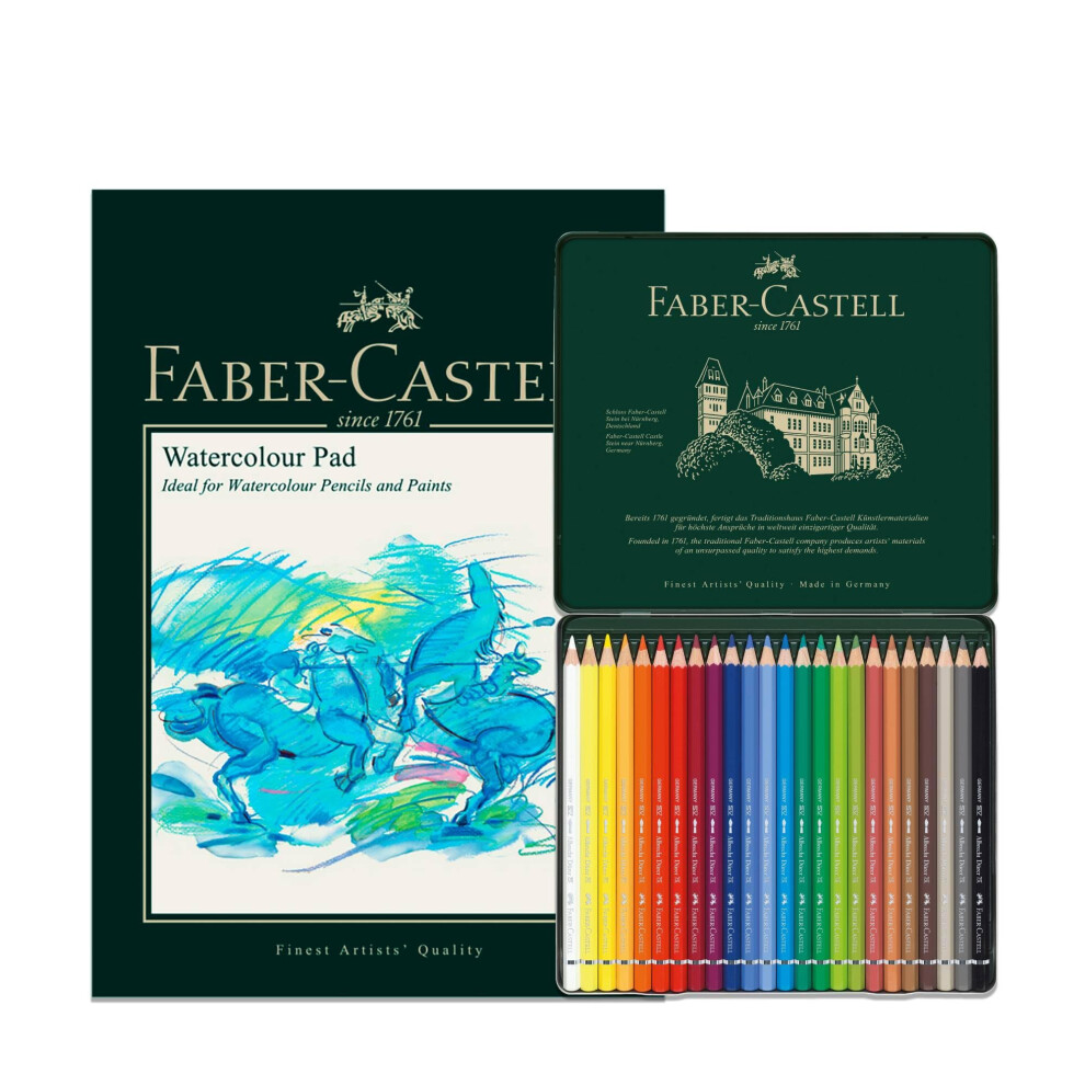 Faber-Castell A4 Watercolour Pad & Tin Of 24 Albrecht D?rer Watercolour Pencils - Art Set For Adult Colouring Books, Craft Supplies, Drawing,
