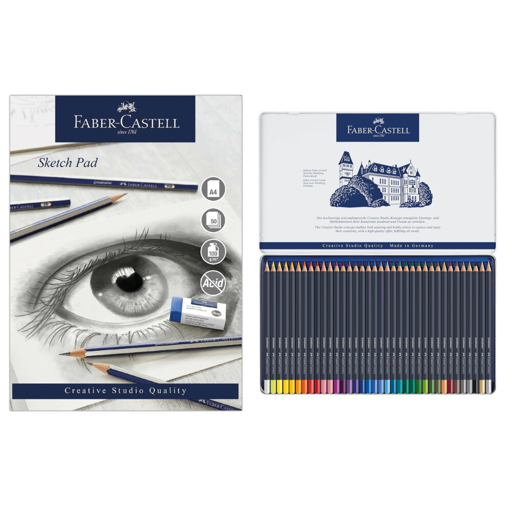 Faber-Castell Goldfaber, Colour Pencil Set, Tin Of 36 & Sketch Pad, A4, Gummed Paper Pad 100 GSM, 50 Sheets