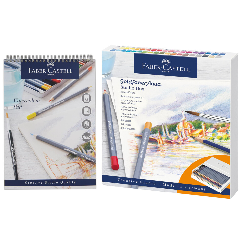 Faber-Castell Goldfaber Aqua, Watercolour Pencils, Set Of 38 & Watercolour Pad, A4, Spiral Bound Paper, 190 Gsm, 15 Sheets