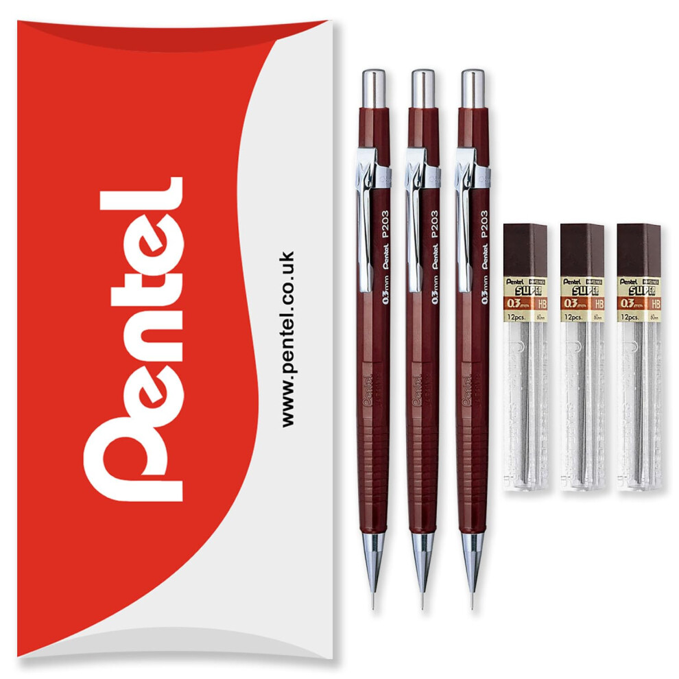 Pentel P200 Series Automatic Mechanical Pencils - HB Lead - 3 x Pencils + 3 Tubes of Refill Leads - In Pillow Packaging (P203 (0.3mm))
