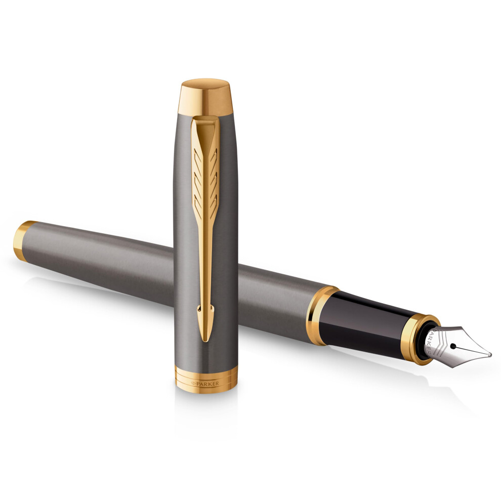 Parker IM Fountain Pen, Grey Lacquer with Gold Trims, Fine Polished Stainless Steel Nib, Blue Ink Cartridge Refill, Gift Box, Perfect Graduation Gifts
