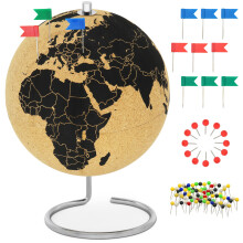 Clear cork globe with 54 different pins - spinning globe 26cm high made of cork - globe as a gift idea for globetrotters