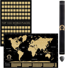 2 in 1 Large Gift Set - Scratch off World Map and Poster Scratch off Top 100 Places to Visit in the World - Best Places I`ve Been Map - Globetrotter