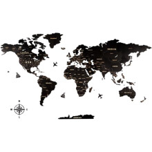 Creawoo Wooden World Travel Map Wall Art, Black Wood Wall Map for Living Room, Bedroom, Office Decoration, for Couple, Housewarming (150x85cm/ 59x33