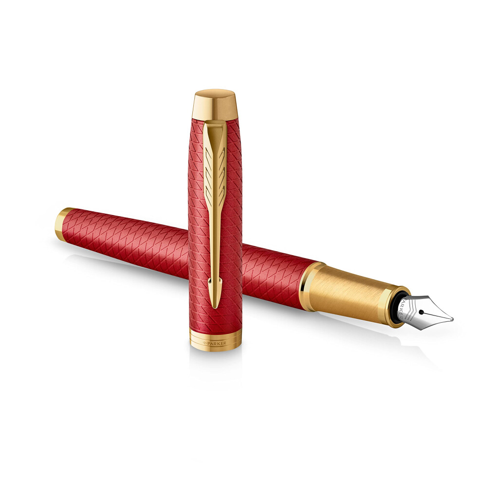 Parker Im Fountain Pen | Premium Lacquer With Trim | Fine Point With Ink Cartridge | Gift Box Red/Gold/Blue