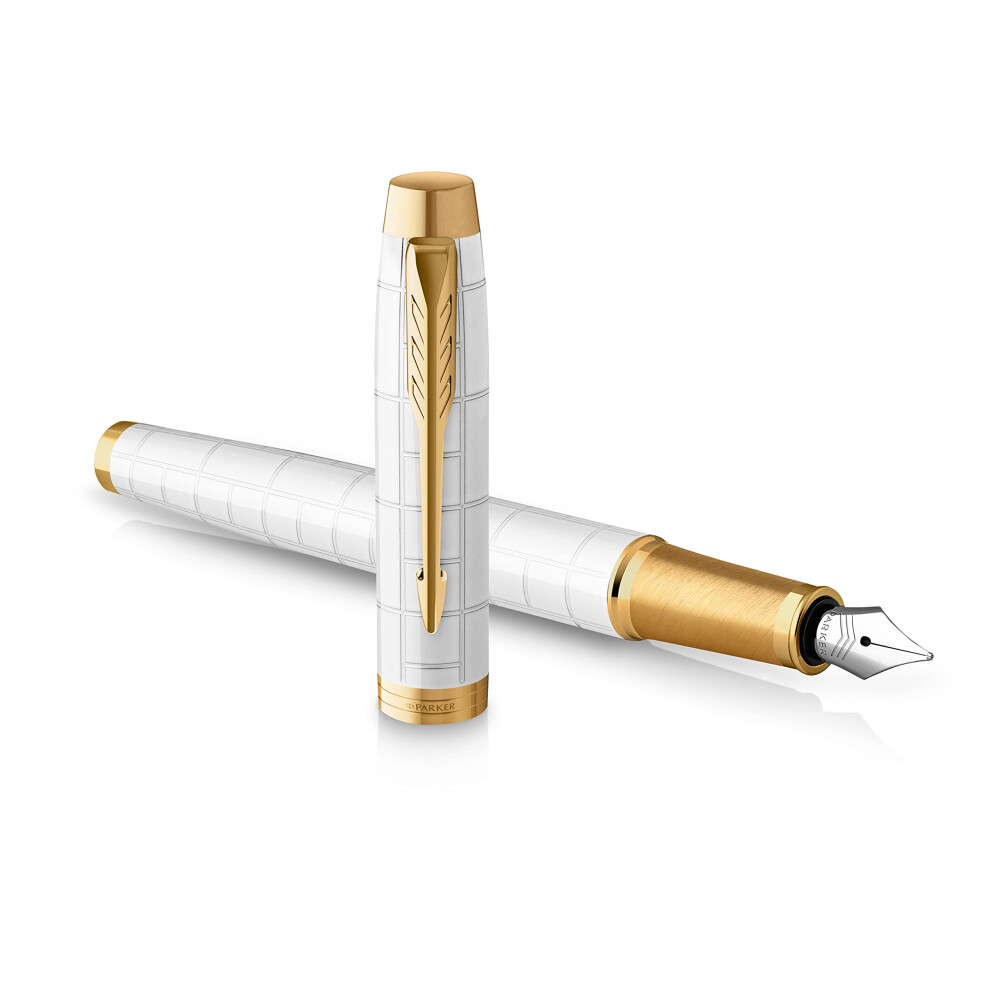 Parker Im Fountain Pen | Premium Pearl Lacquer With Trim | Fine Point With Ink Cartridge | Gift Box Gold/Blue