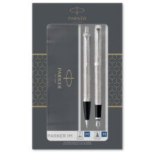 Parker IM Duo Gift Set with Ballpoint Pen & Fountain Pen | Stainless Steel Chrome Trim | Blue Ink Refill & Cartridge | Gift Packaging
