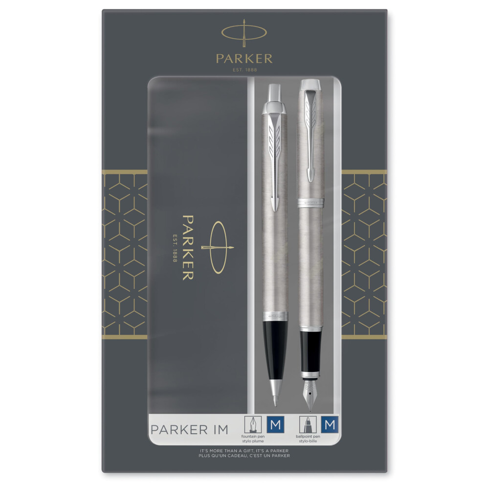 Parker Im Duo Gift Set With Ballpoint Pen & Fountain Pen | Stainless Steel Chrome Trim | Ink Refill & Cartridge | Gift Packaging Blue