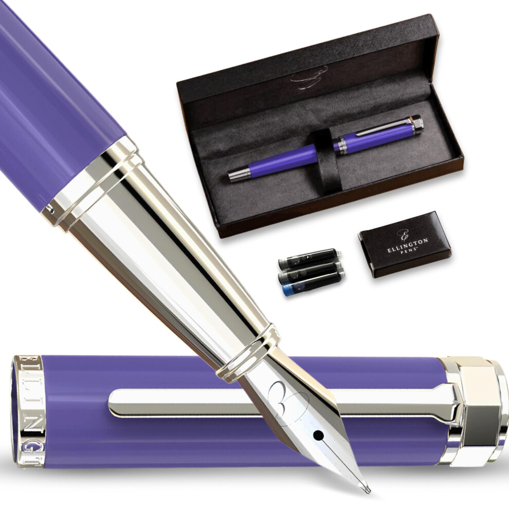 Ellington Pens Luxury Fountain Pen Set - Smooth Nib, Refillable Converter, 3 Cartridges (2 Black, 1 Blue) Purple-Silver-Mediumnib