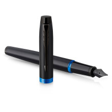 Parker IM Vibrant Rings Fountain Pen | Satin Black Lacquer with Marine Blue Accents | Medium Point with Blue Ink Refill | Gift Box