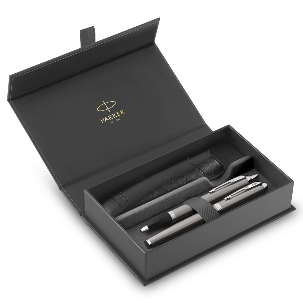 Parker IM Duo Pen Gift Set | Fountain Pen, Ballpoint Pen & Pen Pouch | Stainless Steel Finish with Chrome Trims | Medium Tip | Blue Ink Refills |