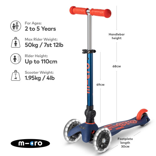 Micro Scooters | Mini Micro Deluxe LED Children's Scooter | Handlebar Adjustable & Foldable | Extra Grippy Deck | Weather Tested Stem | Light Up 2