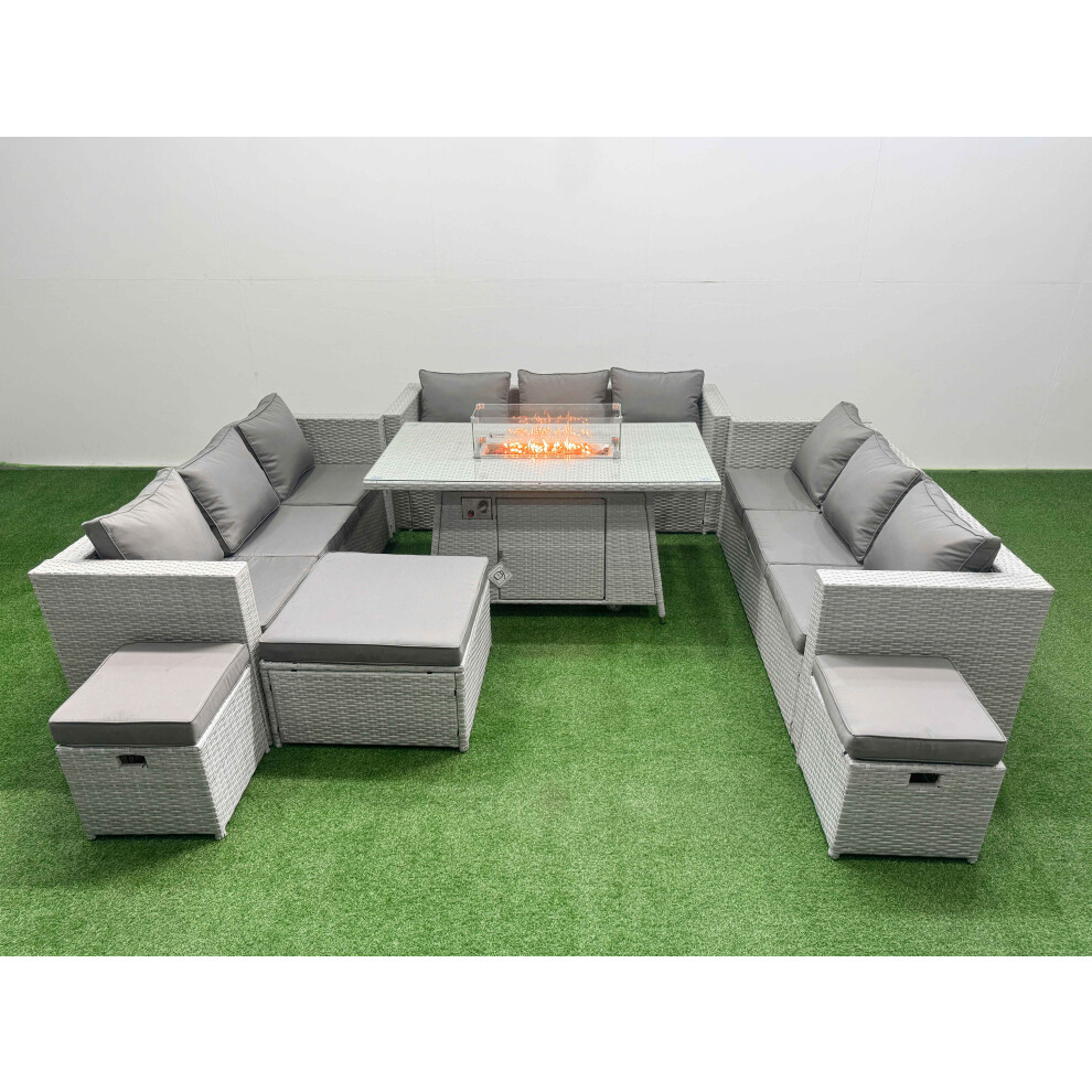 Fimous Pe Rattan Lounge Sofa Set Outdoor Garden Furniture Set With Firepit Dining Table 3 Seater Sofa 3 Stools Light Grey