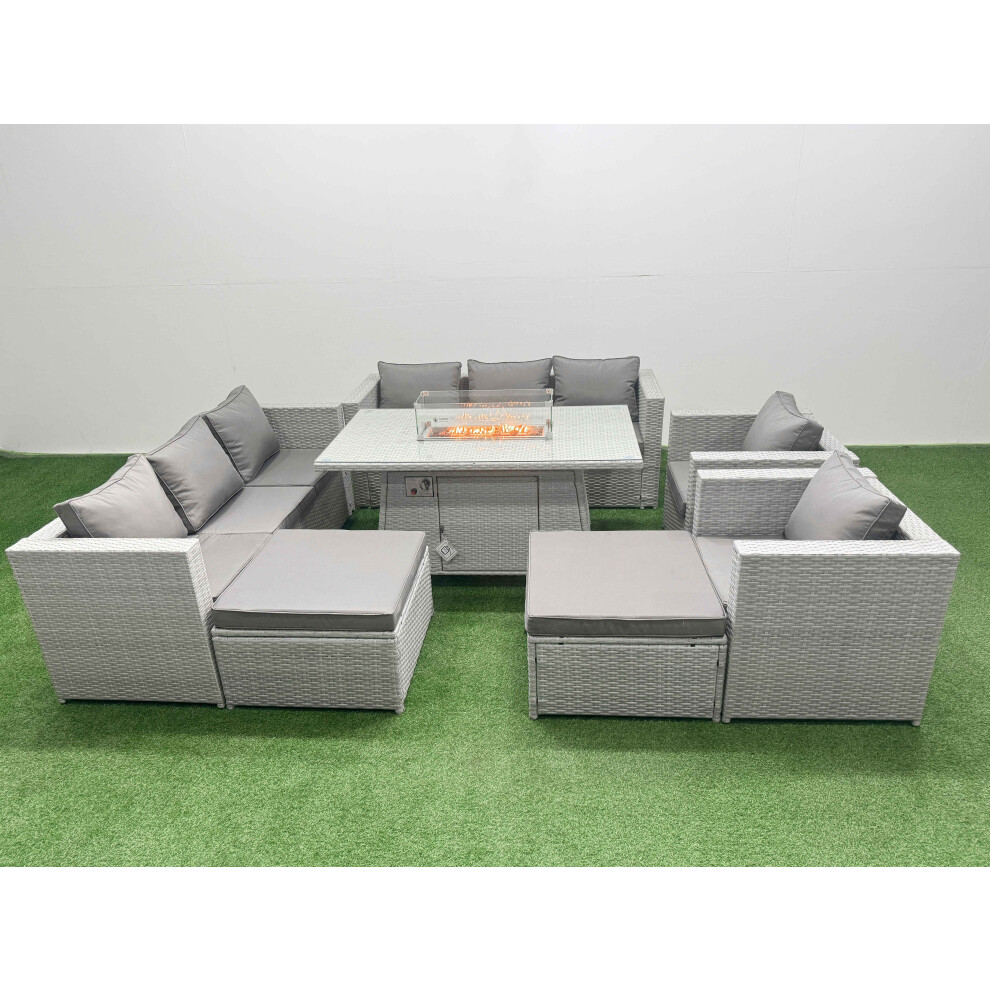 Fimous Light/Grey 10 Seater Rattan Outdoor Garden Furniture Set With Fire Pit Dining Table, 2 Sofas, 2 Chairs & 2 Footstools - Image 2