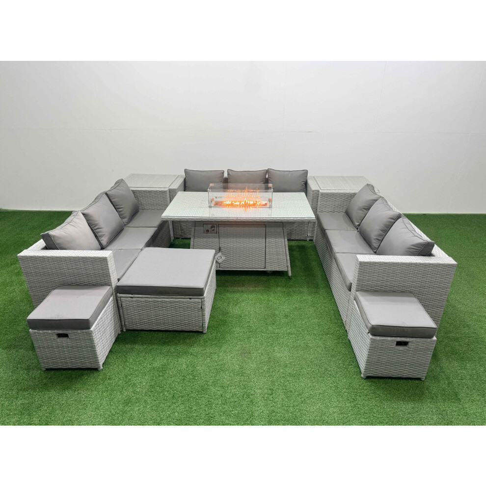 Fimous Light/Grey 12 Seater Rattan Garden Furniture Set With Fire Pit Dining Table, 3 Sofas, 2 Side Tables & 3 Footstools - Image 2