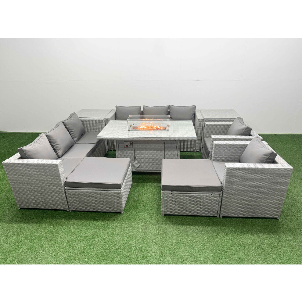 Fimous Light/Grey 10 Seater Rattan Outdoor Garden Furniture Set With Fire Pit Dining Table, 2 Sofas, 2 Side Tables, 2 Chairs & 2 Footstools - Image 2