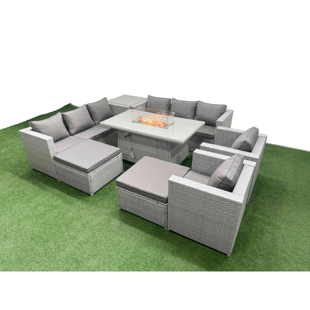 Fimous 10 Seat PE Rattan Lounge Sofa Set Outdoor Garden Furniture Set with Firepit Dining Table 3 Seater Sofa Side Table 2 Big Footstool Light Grey