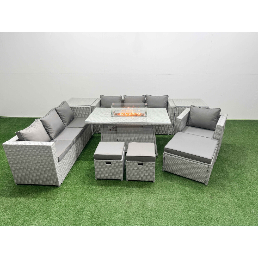 Fimous 10 Seat PE Rattan Lounge Sofa Set Outdoor Garden Furniture Set with Firepit Dining Table 3 Seater Sofa 3 Stools 2 Side Tables Light Grey