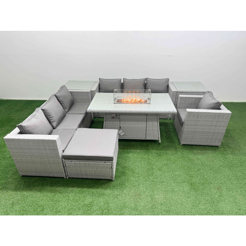 Fimous 8 Seat PE Rattan Lounge Sofa Set Outdoor Garden Furniture Set with Firepit Dining Table 3 Seater Sofa Big Stool 2 Side Tables Light Grey-image-OPC-PH82FB5-NEW