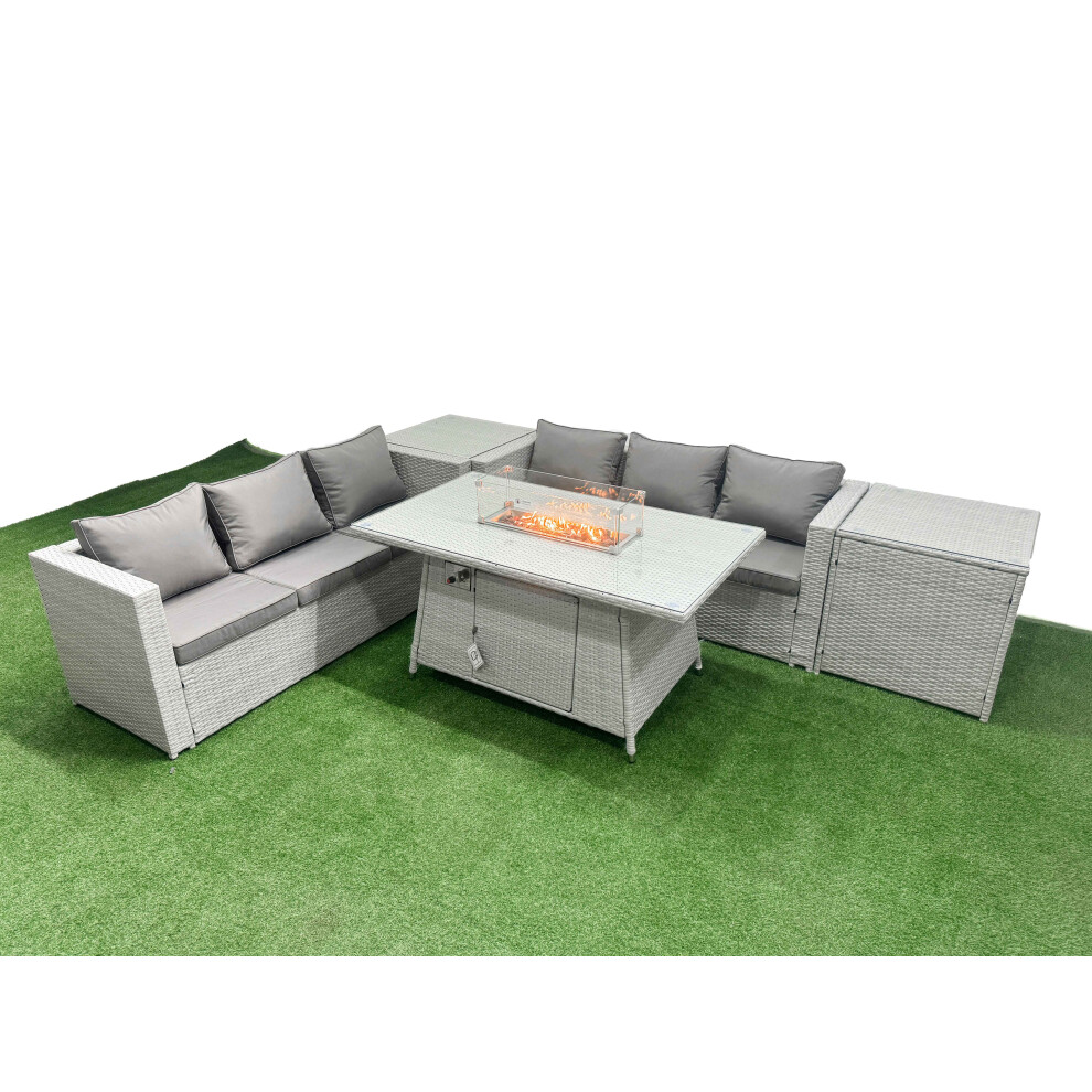 Fimous Pe Rattan Lounge Sofa Set Outdoor Garden Furniture Set With Firepit Dining Table 3 Seater Sofa 2 Side Table Light Grey
