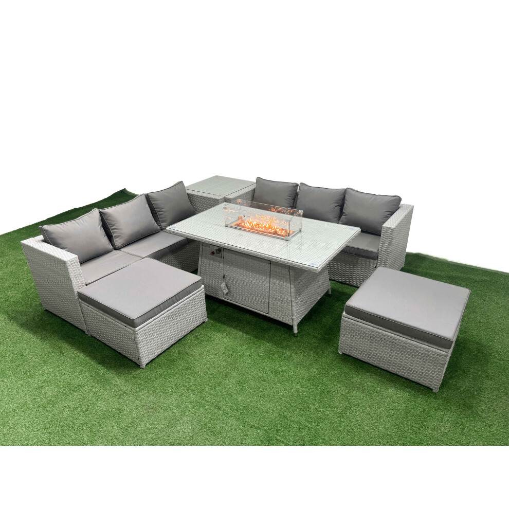 Rackhams Light/Grey 8 Seat Pe Rattan Lounge Sofa Set Outdoor Garden Furniture Set With Fire Pit Dining Table 3 Seater Sofa 2 Stools Side Table - Image 2