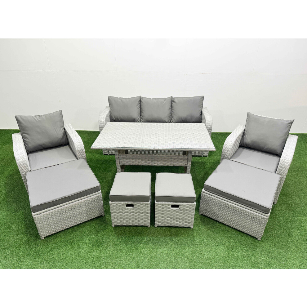 Fimous PE Rattan Lounge Sofa Set 9 Seater Outdoor Garden Furniture Set with Dining Table 3 Seater Sofa 2 Big Footstools Light Grey