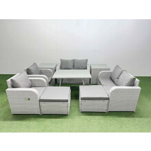 Fimous 8 Seater Rattan Garden Furniture Set Outdoor Love Sofa Set with Rectangular Dining Table 2 Side Tables 2 Big Footstools Light Grey