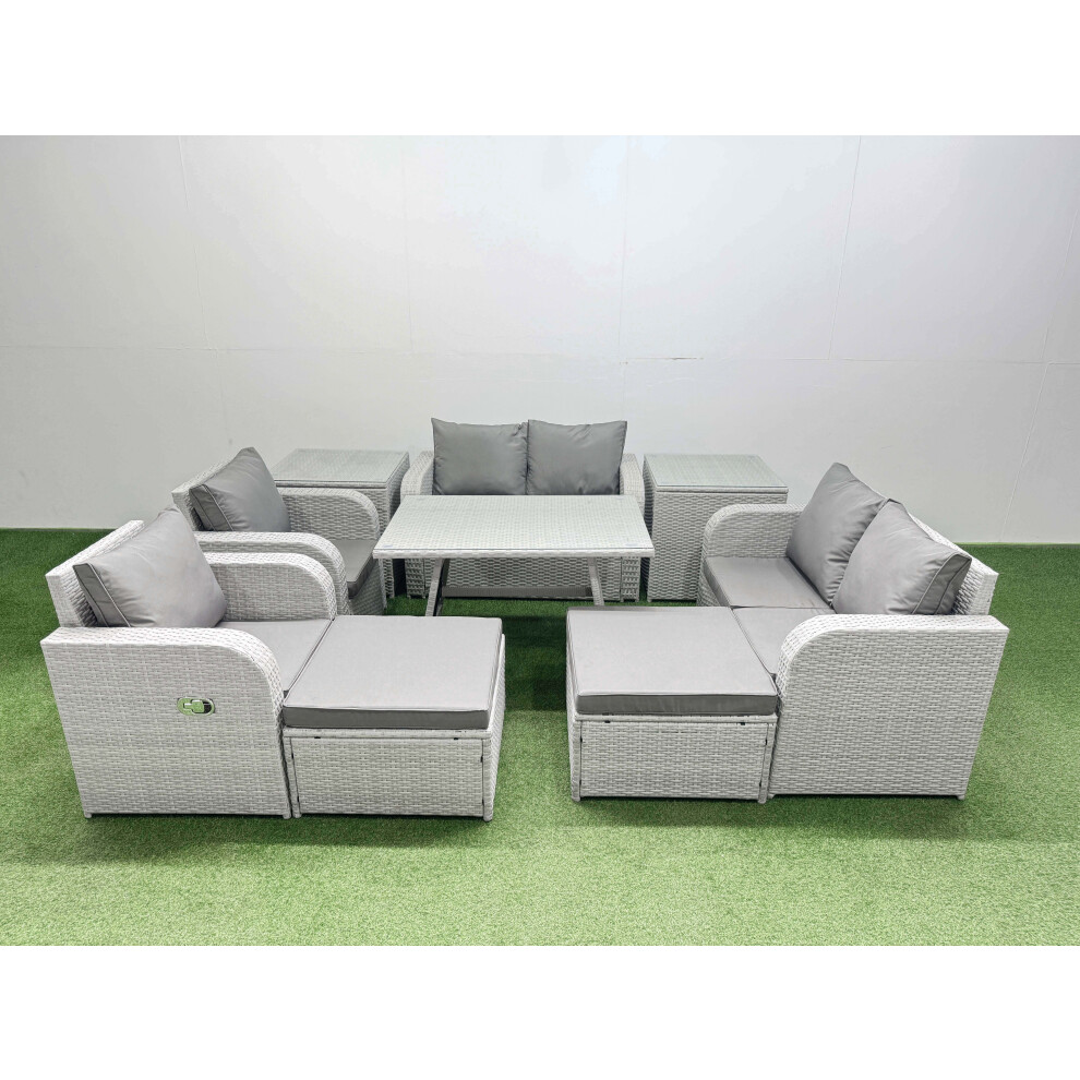 Fimous 8 Seater Rattan Garden Furniture Set Outdoor Love Sofa Set With Rectangular Dining Table 2 Side Tables 2 Big Footstools Light Grey