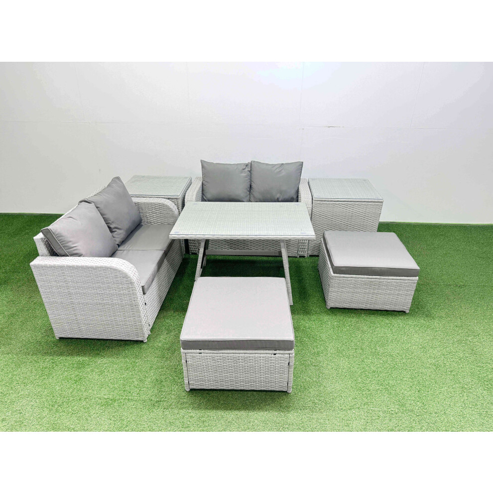 Fimous Light/Grey 6 Seater Outdoor Love Sofa Set Rattan Garden Furniture Set With Rectangular Dining Table 2 Side Tables 2 Big Footstool - Image 2