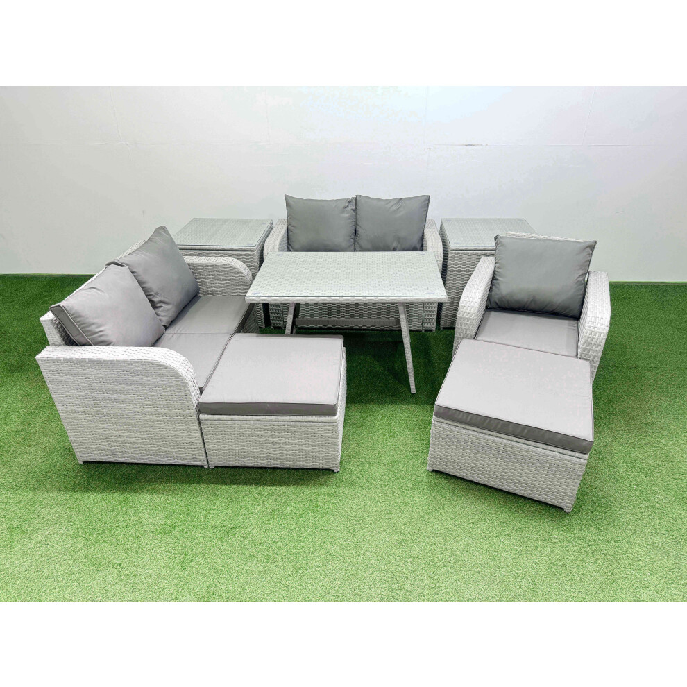 Rackhams Light/Grey 7 Seater Outdoor Rattan Garden Furniture Set Love Sofa Reclining Chair With Rectangular Dining Table 2 Side Tables 2 Big Footstools - Image 2