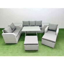 Fimous Rattan High Back Lounge Sofa Set Patio Dining Table & Chairs Set with 3 Seater Sofa Reclining Chair 2 Side Tables 2 Big Stool Light Grey