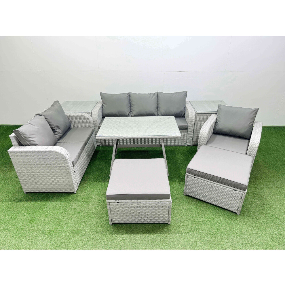 Fimous Rattan High Back Lounge Sofa Set Patio Dining Table & Chairs Set With 3 Seater Sofa Reclining Chair 2 Side Tables 2 Big Stool Light Grey