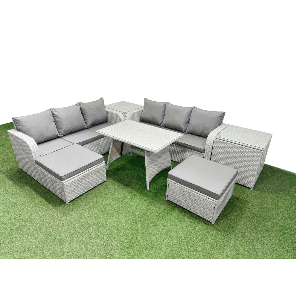Fimous Patio Dining Table & Chairs Set Rattan High Back Lounge Sofa Set with 3 Seater Sofa 2 Side Tables 2 Big Stool Light Grey
