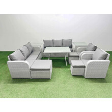 Fimous Rattan High Back Lounge Sofa Set Patio Dining Table & Chairs Set with 3 Seater Sofa 2 Reclining Chairs 2 Side Tables 3 Stool Light Grey