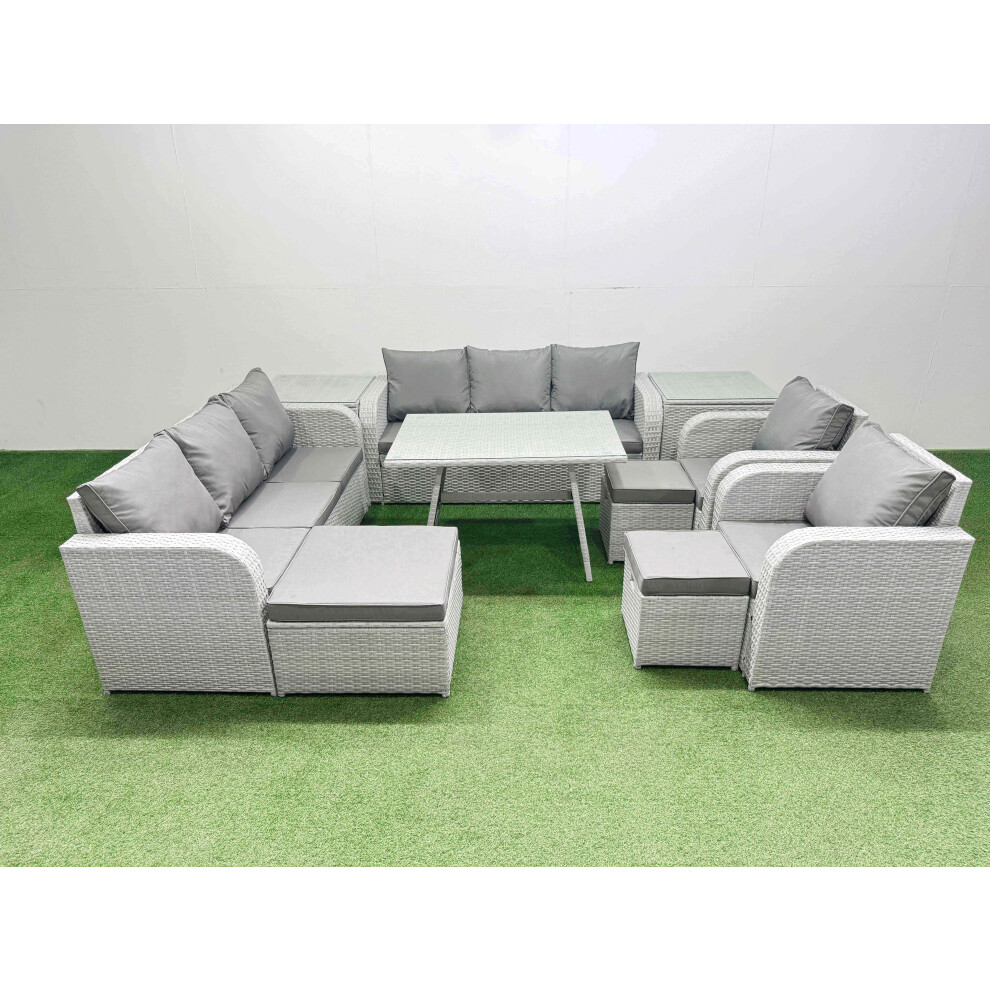 Fimous Rattan High Back Lounge Sofa Set Patio Dining Table & Chairs Set With 3 Seater Sofa 2 Reclining Chairs 2 Side Tables 3 Stool Light Grey