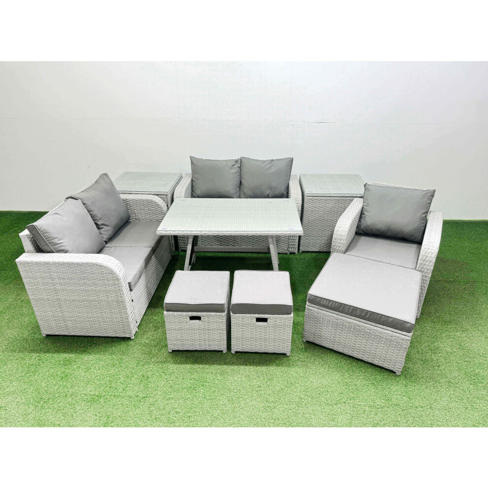 Fimous 8 Seater Outdoor Rattan Garden Furniture Set Love Sofa Reclining Chair Set with Rectangular Dining Table 2 Side Tables 3 Footstools Light Grey-image-OPC-PH82FCJ-NEW
