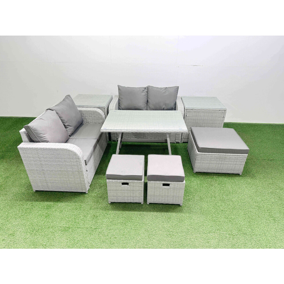 Fimous 7 Seater Outdoor Love Sofa Set Rattan Garden Furniture Set With Rectangular Dining Table 2 Side Tables 3 Footstools Light Grey