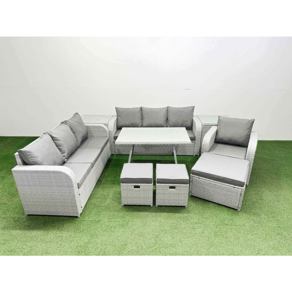 Fimous 9 Pieces Outdoor PE Rattan Garden Furniture with Cushions Reclining Chair 2 Side Tables 3 Stool Light Grey