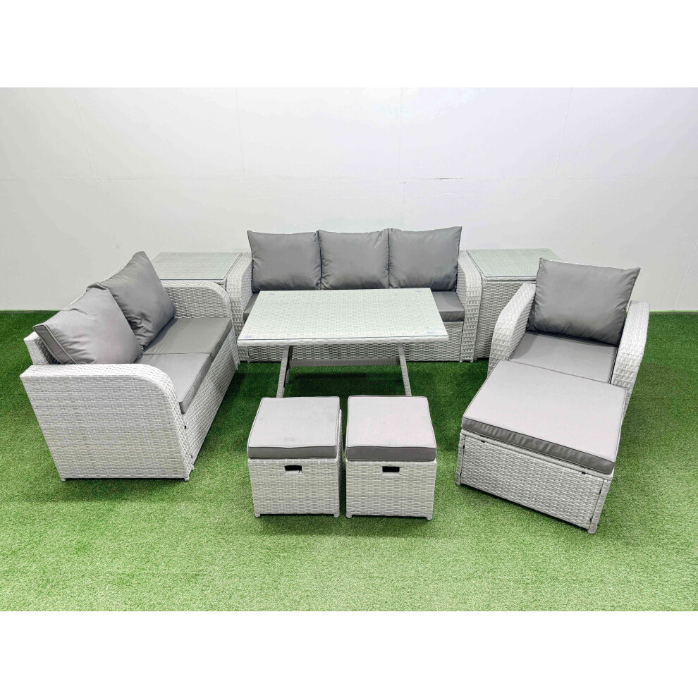 Fimous Light/Grey Rattan High Back Lounge Sofa Set Patio Dining Table & Chairs Set With 3 Seater Sofa Reclining Chair 2 Side Tables 3 Stool - Image 2