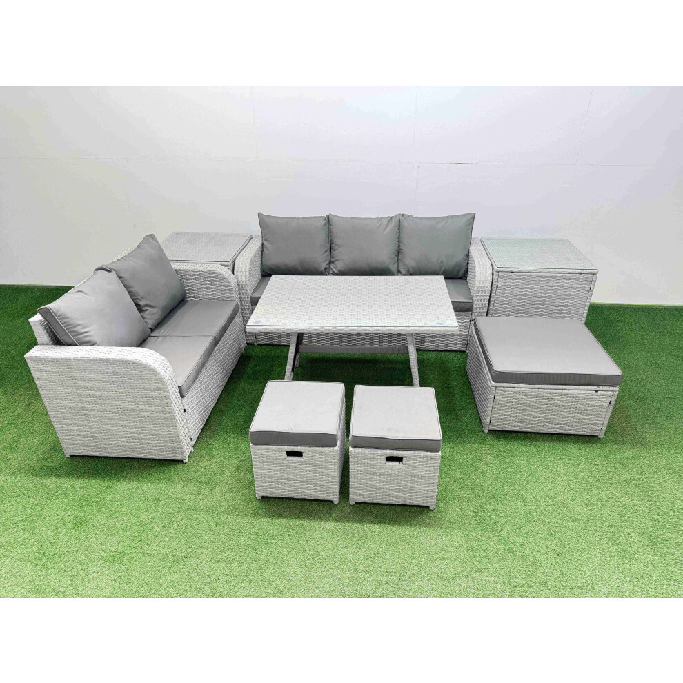 Fimous Outdoor Pe Rattan Garden Furniture Set Rectangular Dining Table Sofa Set With 3 Stool 2 Side Tables Light Grey