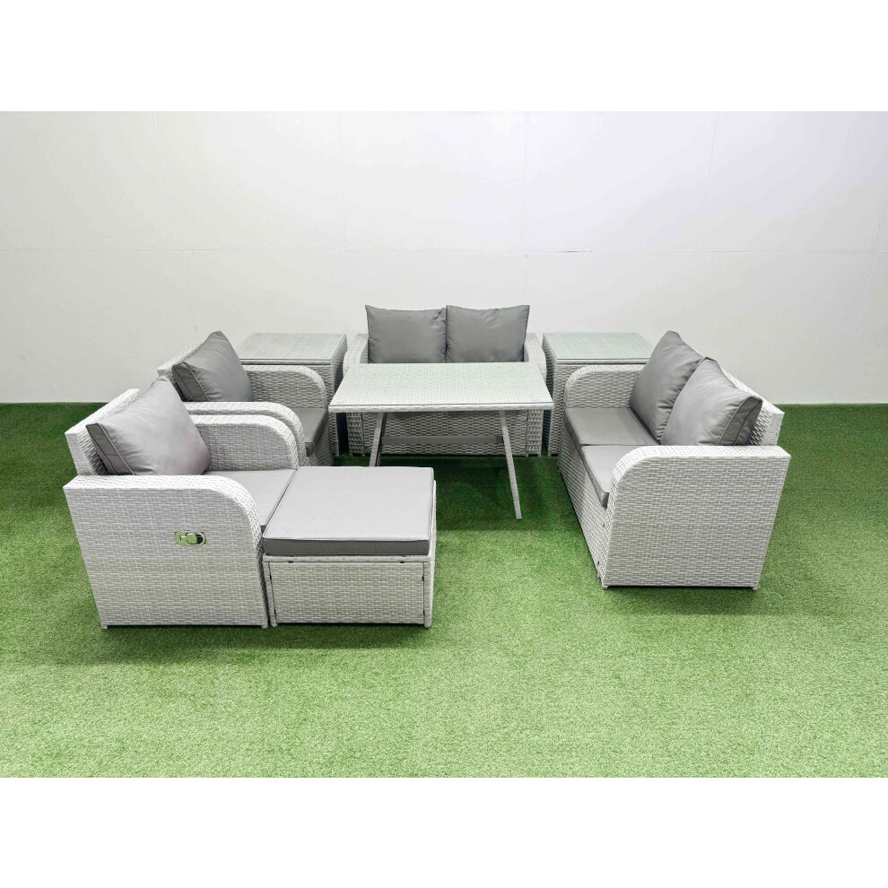 Fimous Light/Grey 7 Seater Rattan Garden Furniture Set Outdoor Love Sofa Set With Rectangular Dining Table 2 Side Tables Big Footstool - Image 2