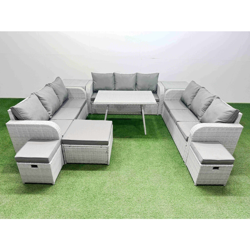 Fimous 12 Seat Outdoor PE Rattan Garden Furniture with Cushions 3 Seater Sofa 2 Side Tables 3 Stool Light Grey