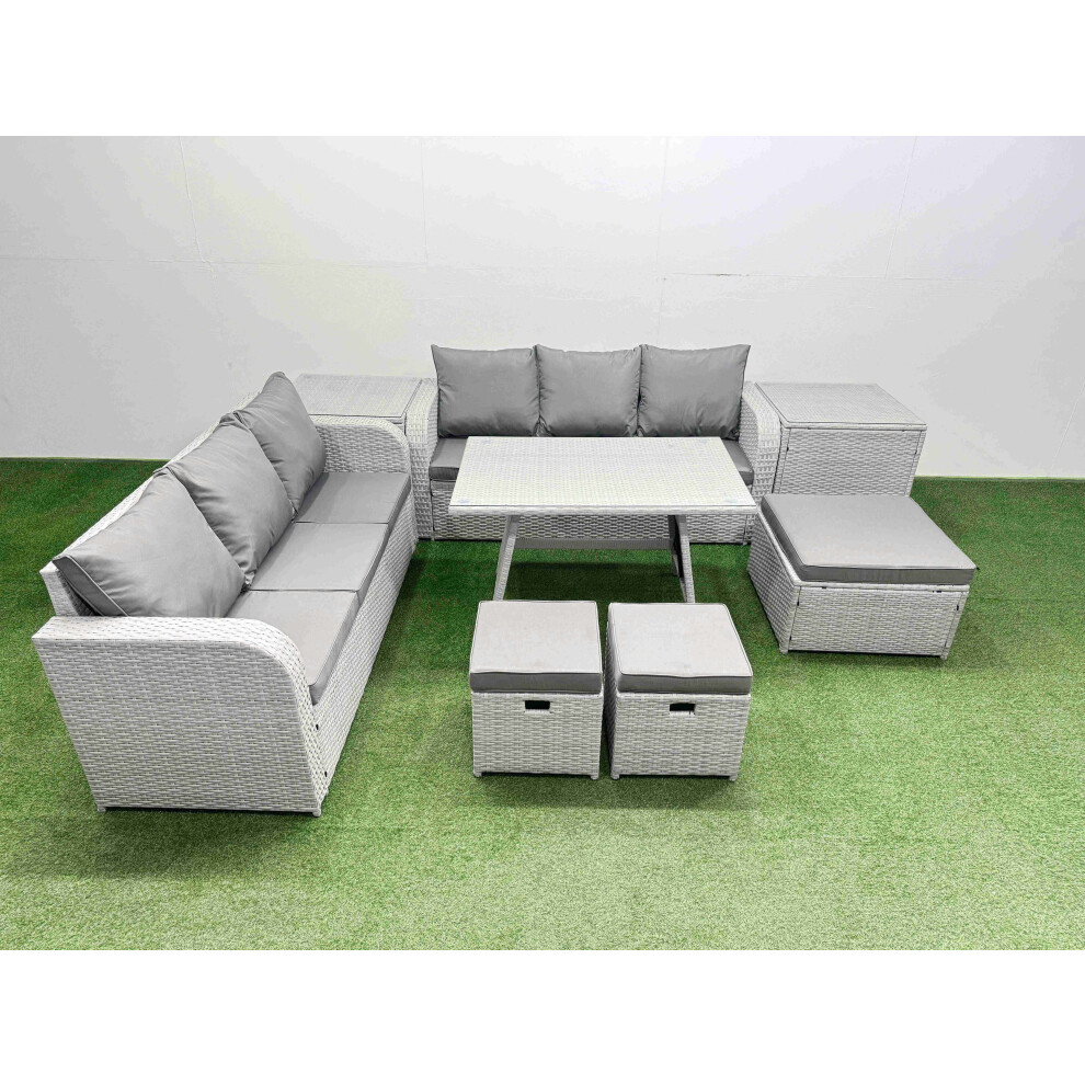 Rackhams Light/Grey Patio Dining Table & Chairs Set Rattan High Back Lounge Sofa Set With 3 Seater Sofa 2 Side Tables 3 Stool - Image 2