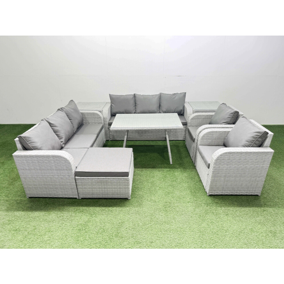 Fimous Rattan High Back Lounge Sofa Set Patio Dining Table & Chairs Set with 3 Seater Sofa 2 Reclining Chairs 2 Side Tables Big Stool Light Grey