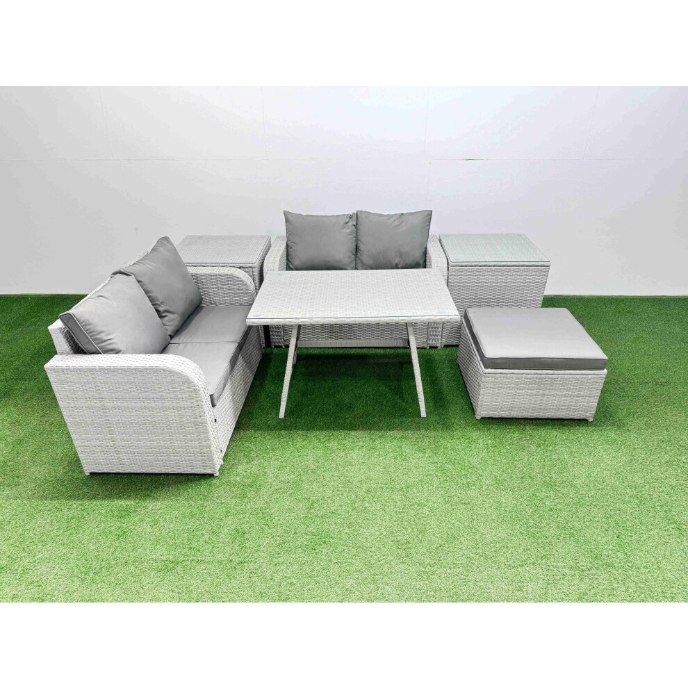 Rackhams Light/Grey 5 Seater Outdoor Love Sofa Set Rattan Garden Furniture Set With Rectangular Dining Table 2 Side Tables Big Footstool - Image 2